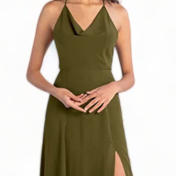 JENNY YOO Lissa Olive Cowl Neck Chiffon Halter Dress Size 14 NEW Retail $285 - Picture 2 of 2